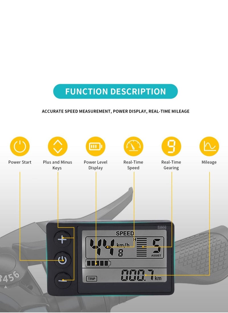 EVEREEN - LCD Display Meter, S866 Ebike LCD Display Meter Control Panel LCD Display with Plug for 22.2mm/ 0.9in Handlebars S866 Bicycle Displaay LCD Meter Scooter Control Panel with SM Plug - Image 1
