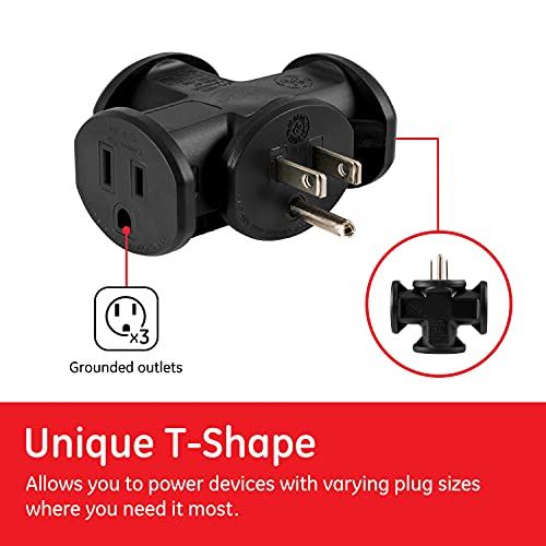 GE 3-Outlet Grounded T-Shaped Tap Adapter, Heavy Duty, Black, 50872 - Image 2