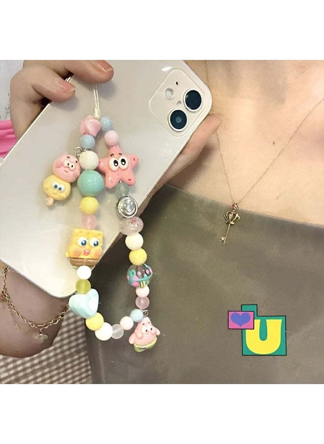 NIBEMINENT Beaded Phone Lanyard, Anti Lost Removable Wrist Strap,SpongeBob Bracelet Pendant, Phone Keychain Lanyard 