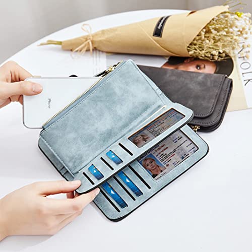 INOVERA (LABEL) Light Blue Leather Women's Tri-fold Women Fashion Card Coin Holder Ladies Long Purse Clutch Wallet (KK24) - Image 3