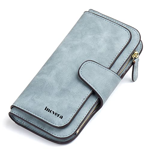 INOVERA (LABEL) Light Blue Leather Women's Tri-fold Women Fashion Card Coin Holder Ladies Long Purse Clutch Wallet (KK24) - Image 1