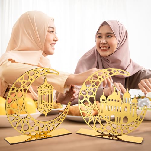 Sophena 2 Pieces Acrylic Ramadan Decorations Islamic Eid Mubarak Kareem Table Sign Moon Hollow Star Ornament for Muslim Party Tabletop Decor Home Art Craft Decoration Golden Moon - Image 4