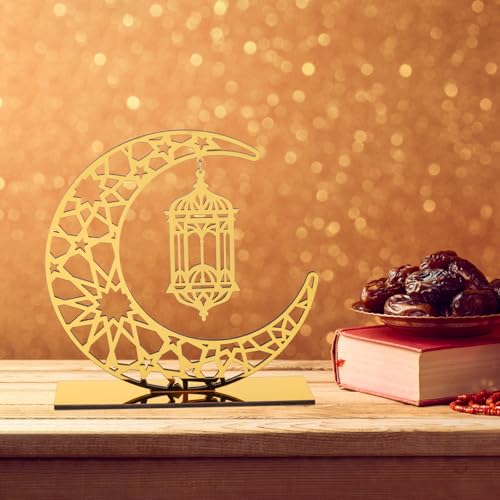 Sophena 2 Pieces Acrylic Ramadan Decorations Islamic Eid Mubarak Kareem Table Sign Moon Hollow Star Ornament for Muslim Party Tabletop Decor Home Art Craft Decoration Golden Moon - Image 5