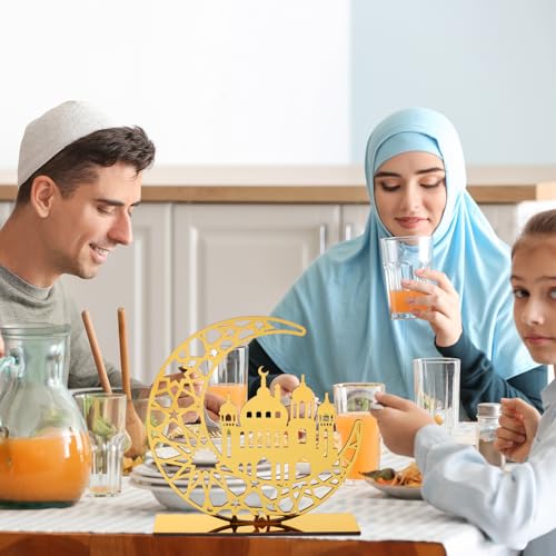 Sophena 2 Pieces Acrylic Ramadan Decorations Islamic Eid Mubarak Kareem Table Sign Moon Hollow Star Ornament for Muslim Party Tabletop Decor Home Art Craft Decoration Golden Moon - Image 3