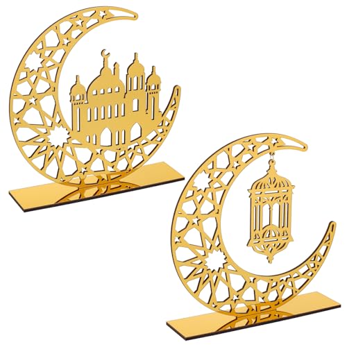 Sophena 2 Pieces Acrylic Ramadan Decorations Islamic Eid Mubarak Kareem Table Sign Moon Hollow Star Ornament for Muslim Party Tabletop Decor Home Art Craft Decoration Golden Moon - Image 1