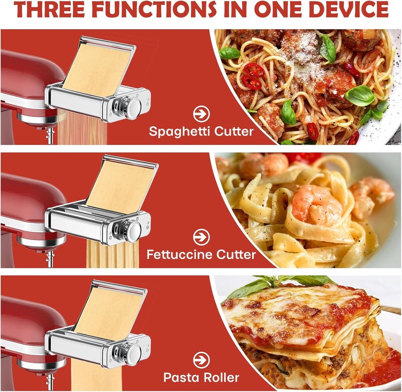 FOCOllK ملحق عمل الباستا 3 في 1 لخلاط KitchenAid القائم – مصنوع من الفولاذ المقاوم للصدأ، مزود بأدوات لتقطيع الباستا والسباغيتي والفيتوتشيني | إكسسوارات باستا مهنية لتحضير المعكرونة المنزلية والمطبخ الإيطالي - Image 5