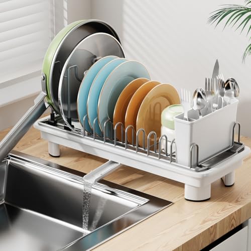 Laveshop Small Dish Drying Rack Compact Dish Drainer for Kitchen Counter with Adjustable Back Slots SpaceSaving for Small Kitchens White - Image 1