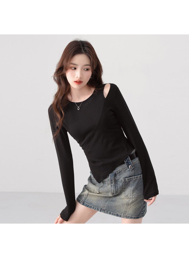 Jeanswest تي شيرت أسود عالي الجودة بياقة دائرية وأكمام طويلة، تصميم خريف مثقوب، قمة ضيقة مقصوصة - Image 5