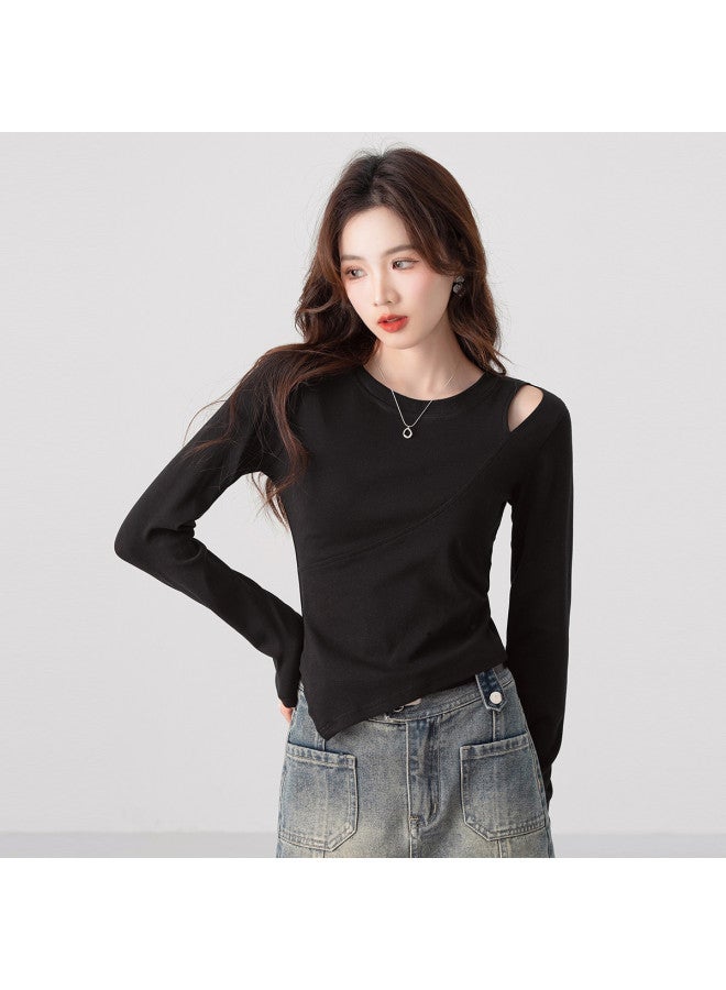 Jeanswest تي شيرت أسود عالي الجودة بياقة دائرية وأكمام طويلة، تصميم خريف مثقوب، قمة ضيقة مقصوصة - Image 2