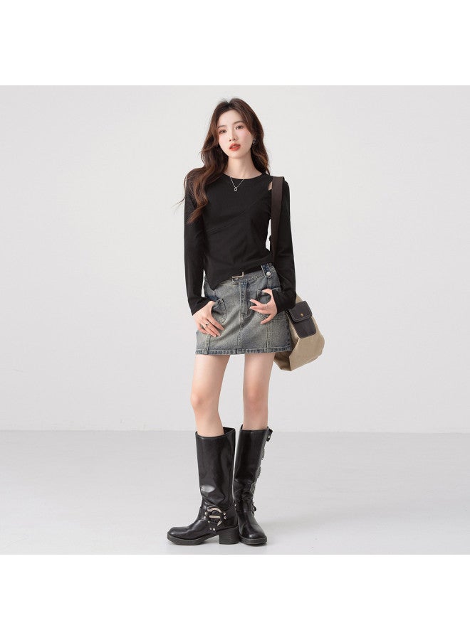 Jeanswest تي شيرت أسود عالي الجودة بياقة دائرية وأكمام طويلة، تصميم خريف مثقوب، قمة ضيقة مقصوصة - Image 4