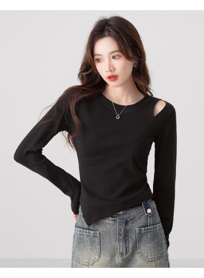 Jeanswest تي شيرت أسود عالي الجودة بياقة دائرية وأكمام طويلة، تصميم خريف مثقوب، قمة ضيقة مقصوصة - Image 1