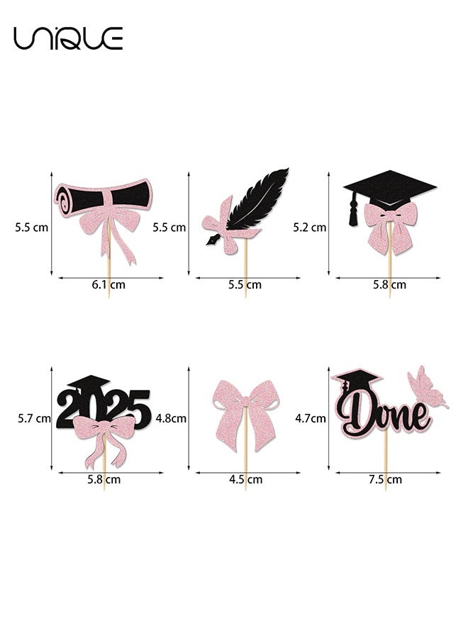 Unique 24 Pcs Class of 2025 Graduation Cupcake Toppers - Black Pink Glitter Double-Sided Grad Cap Cake Toppers for Graduation Party Supplies - 2025 Graduate Party Cake Picks Graduation Decorations  - Image 2
