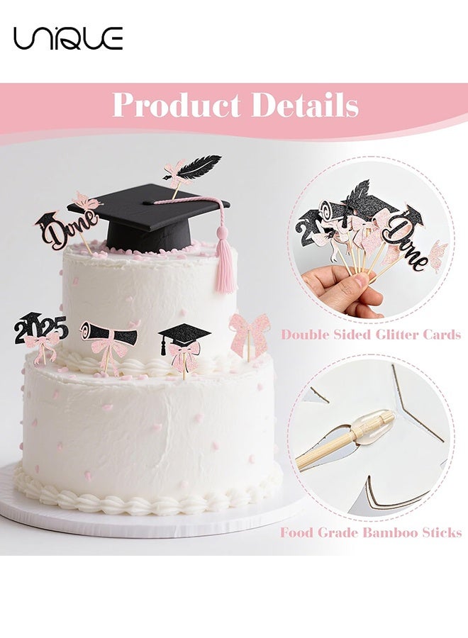 Unique 24 Pcs Class of 2025 Graduation Cupcake Toppers - Black Pink Glitter Double-Sided Grad Cap Cake Toppers for Graduation Party Supplies - 2025 Graduate Party Cake Picks Graduation Decorations  - Image 3