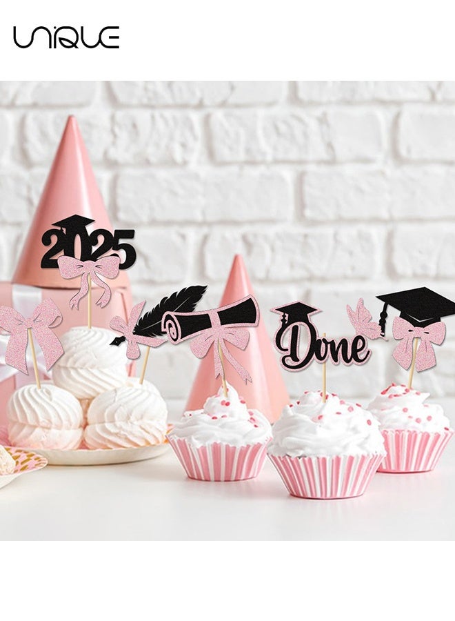 Unique 24 Pcs Class of 2025 Graduation Cupcake Toppers - Black Pink Glitter Double-Sided Grad Cap Cake Toppers for Graduation Party Supplies - 2025 Graduate Party Cake Picks Graduation Decorations  - Image 4