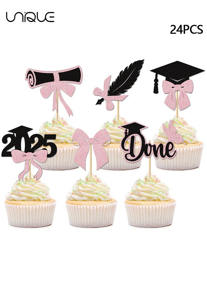 Unique 24 Pcs Class of 2025 Graduation Cupcake Toppers - Black Pink Glitter Double-Sided Grad Cap Cake Toppers for Graduation Party Supplies - 2025 Graduate Party Cake Picks Graduation Decorations  - Image 1