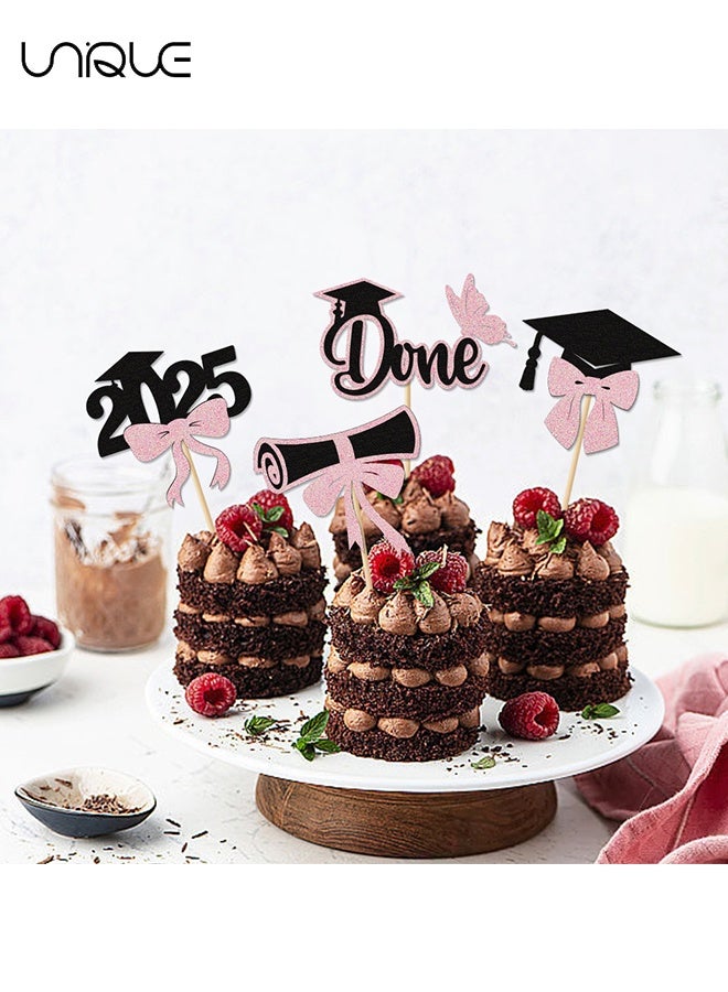 Unique 24 Pcs Class of 2025 Graduation Cupcake Toppers - Black Pink Glitter Double-Sided Grad Cap Cake Toppers for Graduation Party Supplies - 2025 Graduate Party Cake Picks Graduation Decorations  - Image 5