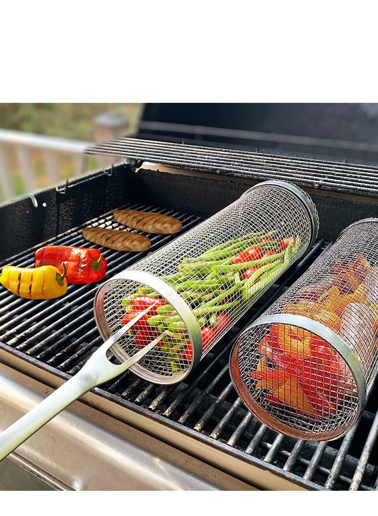 BBQ Grill Cage, Easy To Clean Rounded Stainless Steel Portable High Strength Barbecue Basket with Hook and Fork for Camping (30cm)  - Image 2