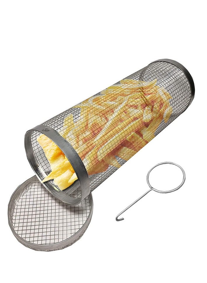 BBQ Grill Cage, Easy To Clean Rounded Stainless Steel Portable High Strength Barbecue Basket with Hook and Fork for Camping (30cm)  - Image 3