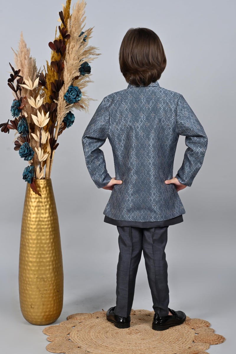 AHHAAAA Kids Sequin Embedded Indo-Western Kurta, Pajama and Waistcoat|3-Piece Ethnic Set with Maala For Boys |Grey 2-3 Years| - Image 3
