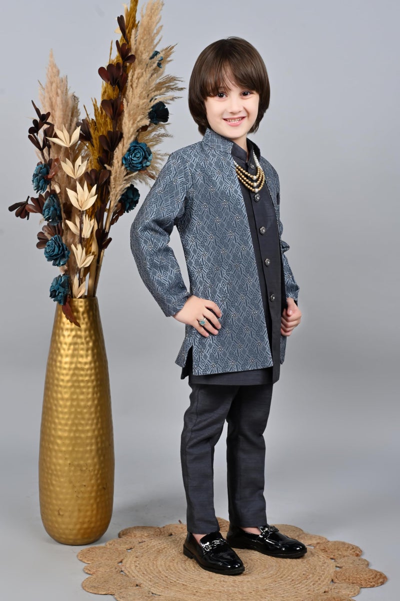 AHHAAAA Kids Sequin Embedded Indo-Western Kurta, Pajama and Waistcoat|3-Piece Ethnic Set with Maala For Boys |Grey 2-3 Years| - Image 4