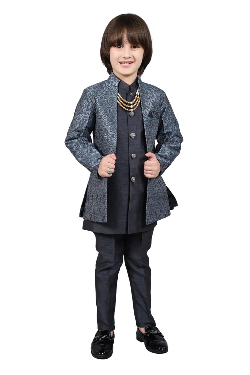 AHHAAAA Kids Sequin Embedded Indo-Western Kurta, Pajama and Waistcoat|3-Piece Ethnic Set with Maala For Boys |Grey 2-3 Years| - Image 1