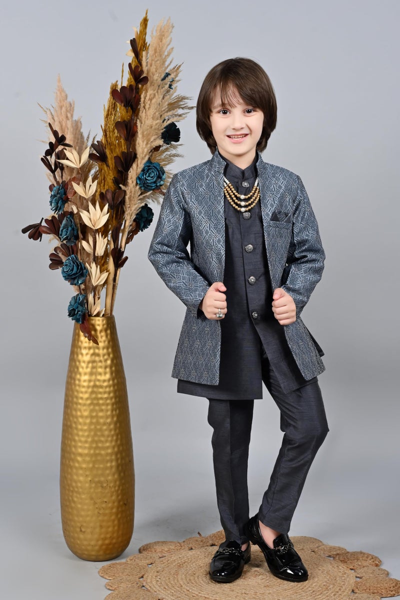AHHAAAA Kids Sequin Embedded Indo-Western Kurta, Pajama and Waistcoat|3-Piece Ethnic Set with Maala For Boys |Grey 2-3 Years| - Image 2