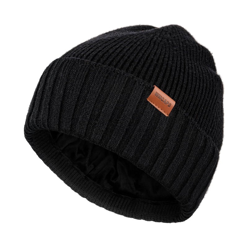 Wmcaps Fleece Lined Beanie Knitted Hats for Men Women, Winter Stocking Cap Soft Beanie Warm Ski Hats Unisex Gifts Black - Image 1