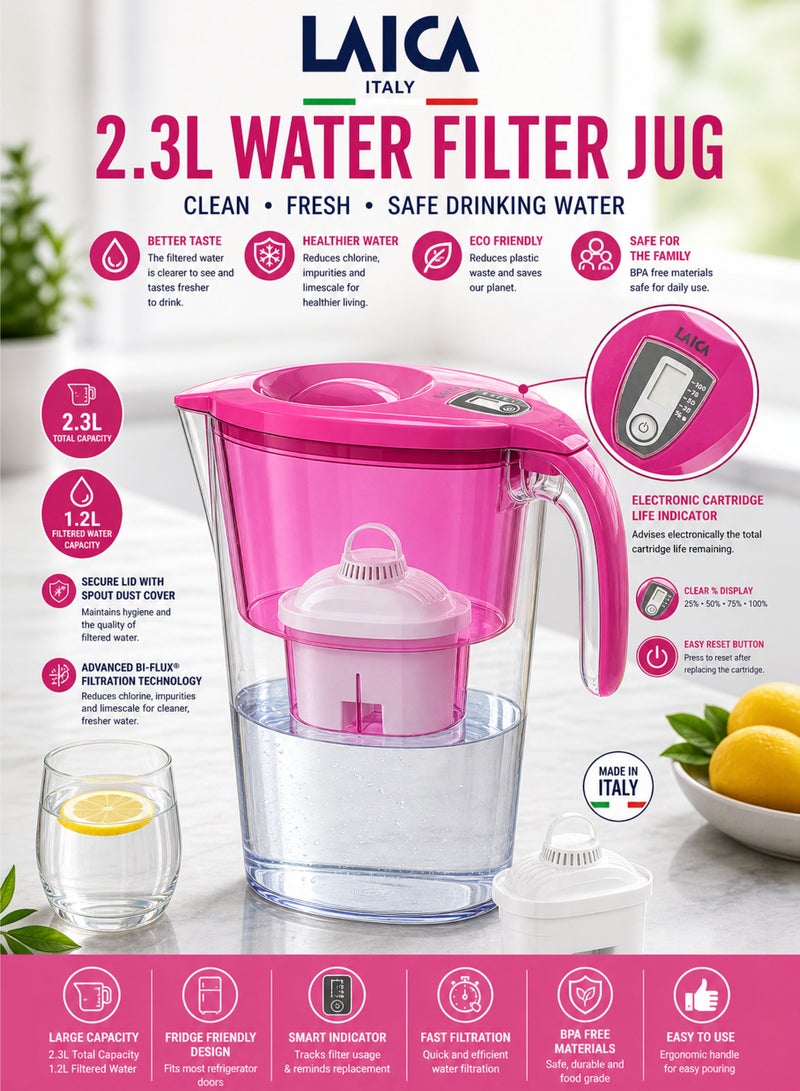 LAICA 2.3L Water Filter Jug Pink BPA Free Filter Pitcher with Bi Flux Cartridge Chlorine Removal Limescale Reduction Odor Improvement Fast Filtration Fridge Friendly Design Reusable Eco Friendly Drinking Water Purifier for Home Kitchen Family Use - Image 1