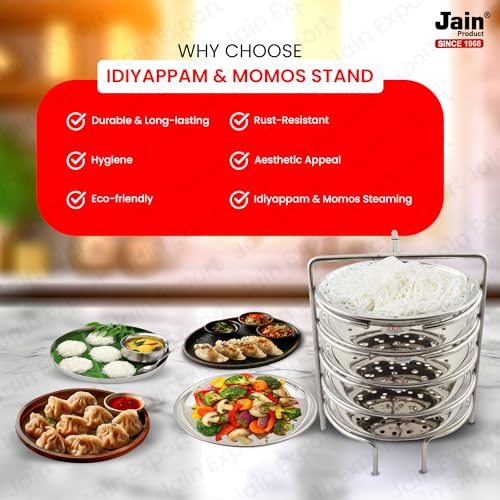 Jain Stainless Steel Idiyappam Stand (Small Size) with 2 Plates | Momos Steamer | Vegetable Steamer Utensil, Pack of 1 - Silver Color (Stand Height 10 cm: Stand Width 15cm) - Image 2