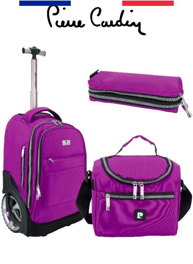 pierre cardin - 3 Piece Kids School Trolley Bag laptop compartment Big Wheels With Lunch bag & Pencil Case - Image 1
