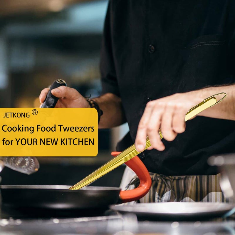 Jetkong 2 Pcs 12-Inch Cooking Tweezers Stainless Steel Food Tweezers Kitchen Tweezer Tongs (Gold) - Image 3