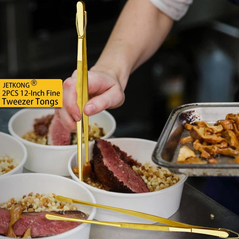 Jetkong 2 Pcs 12-Inch Cooking Tweezers Stainless Steel Food Tweezers Kitchen Tweezer Tongs (Gold) - Image 2
