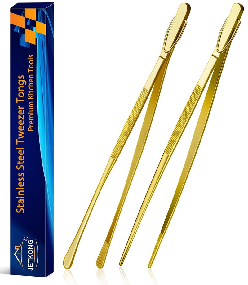 Jetkong 2 Pcs 12-Inch Cooking Tweezers Stainless Steel Food Tweezers Kitchen Tweezer Tongs (Gold) - Image 1