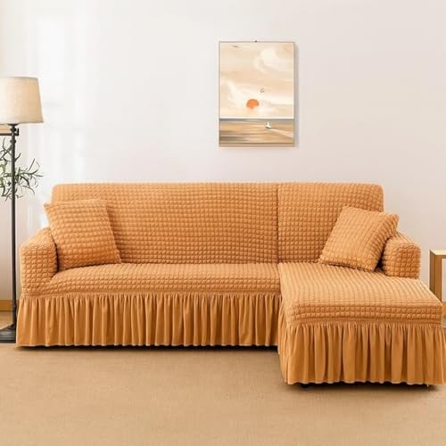 WE CLEVER Elastic Stretchable Turkish Bubble Sofa Cover with Skirt –Washable High-Elastic Polyester & Spandex Furniture Slipcover with Frill Design (Beige, L Shape (3+2)) - Image 1