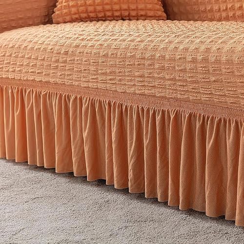 WE CLEVER Elastic Stretchable Turkish Bubble Sofa Cover with Skirt –Washable High-Elastic Polyester & Spandex Furniture Slipcover with Frill Design (Beige, L Shape (3+2)) - Image 5
