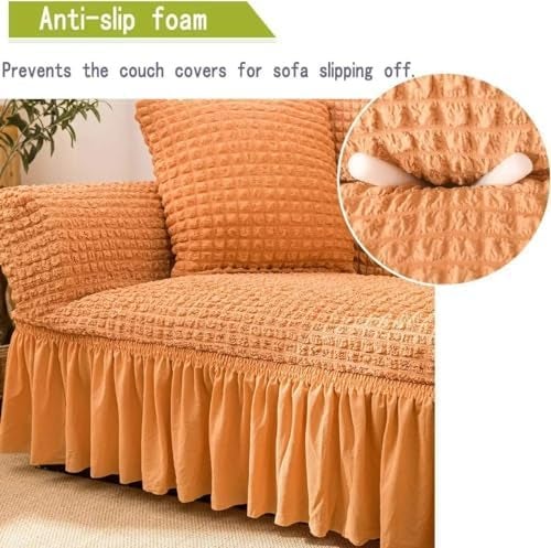 WE CLEVER Elastic Stretchable Turkish Bubble Sofa Cover with Skirt –Washable High-Elastic Polyester & Spandex Furniture Slipcover with Frill Design (Beige, L Shape (3+2)) - Image 2