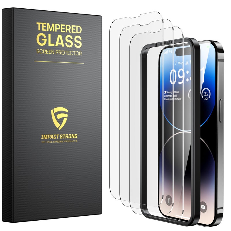 ImpactStrong 3-Pack Shatterproof Tempered Glass Screen Protector for iPhone 14 Pro [Easy Installation Frame] [Bubble Free] [9H Hardness] [Full Coverage] Case Friendly, 6.1 Inch - Image 1