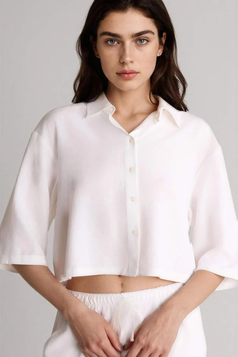 DeFacto Oversize Shirt Collar Linen Blended Short Sleeve Shirt