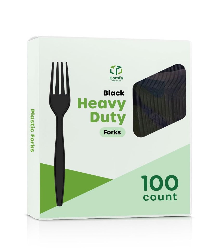 Comfy Package [100 Pack] Basic Black Plastic Forks  Heavy Duty Disposable Utensils - Perfect for Parties  Events  and Catering - Image 1