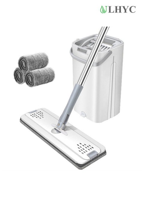 Hands-Free Flat Floor Mop And Bucket Set For Home Floor Cleaning With Washable Microfiber Pad