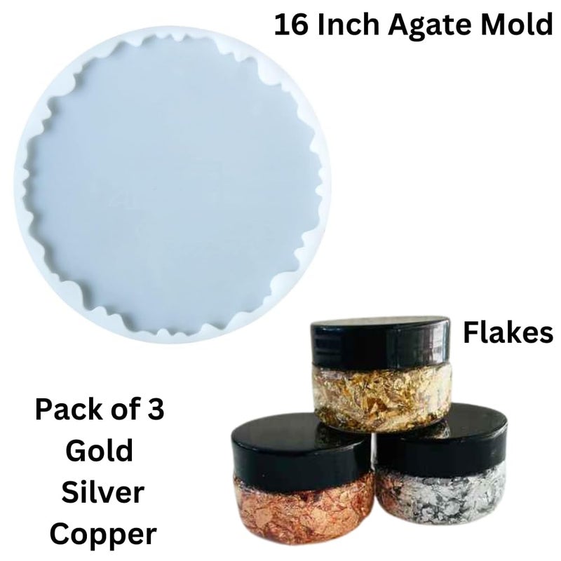 SNOOGG Epoxy Resin Silicone 16inch Agate Geode Mold Comes with Three Flakes Boxes in Gold Silver and Copper Its Perfect for Creating Frames Resin Art Decorations DIY Projects - Image 2