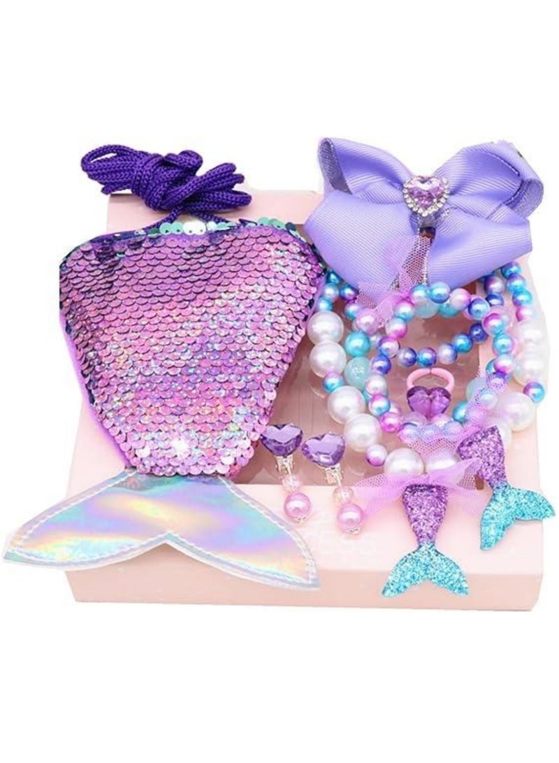 كنز حورية البحر 6 قطع مجموعة لعب تظاهر للبنات عمر 3-8 سنوات - حقيبة براقة، مجوهرات (قلادة، أسورة، أقراط، خاتم) ومشبش شعر، هدية سحرية مثالية للأطفال الصغار والفتيات - Image 1