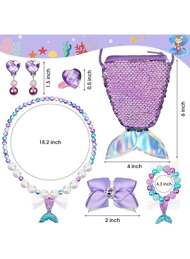 كنز حورية البحر 6 قطع مجموعة لعب تظاهر للبنات عمر 3-8 سنوات - حقيبة براقة، مجوهرات (قلادة، أسورة، أقراط، خاتم) ومشبش شعر، هدية سحرية مثالية للأطفال الصغار والفتيات - Image 2