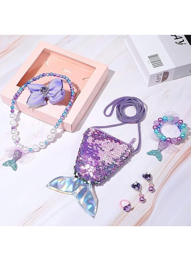 كنز حورية البحر 6 قطع مجموعة لعب تظاهر للبنات عمر 3-8 سنوات - حقيبة براقة، مجوهرات (قلادة، أسورة، أقراط، خاتم) ومشبش شعر، هدية سحرية مثالية للأطفال الصغار والفتيات - Image 3