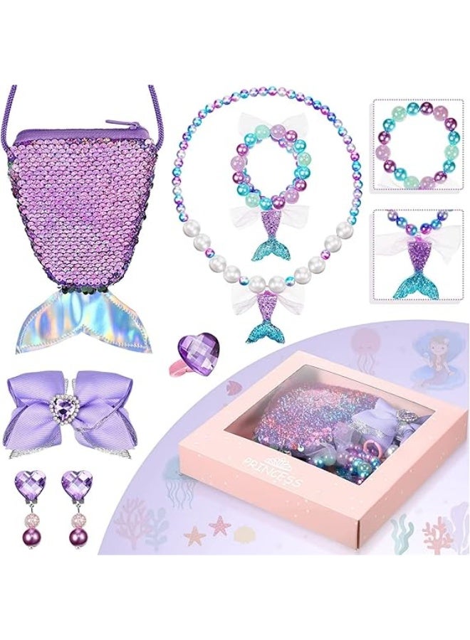 كنز حورية البحر 6 قطع مجموعة لعب تظاهر للبنات عمر 3-8 سنوات - حقيبة براقة، مجوهرات (قلادة، أسورة، أقراط، خاتم) ومشبش شعر، هدية سحرية مثالية للأطفال الصغار والفتيات - Image 4