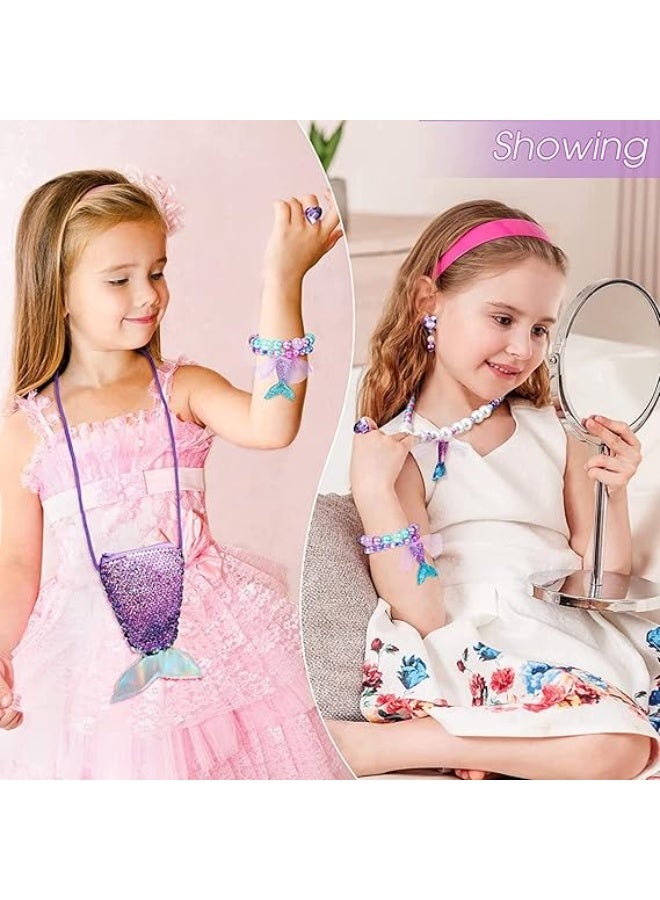 كنز حورية البحر 6 قطع مجموعة لعب تظاهر للبنات عمر 3-8 سنوات - حقيبة براقة، مجوهرات (قلادة، أسورة، أقراط، خاتم) ومشبش شعر، هدية سحرية مثالية للأطفال الصغار والفتيات - Image 5