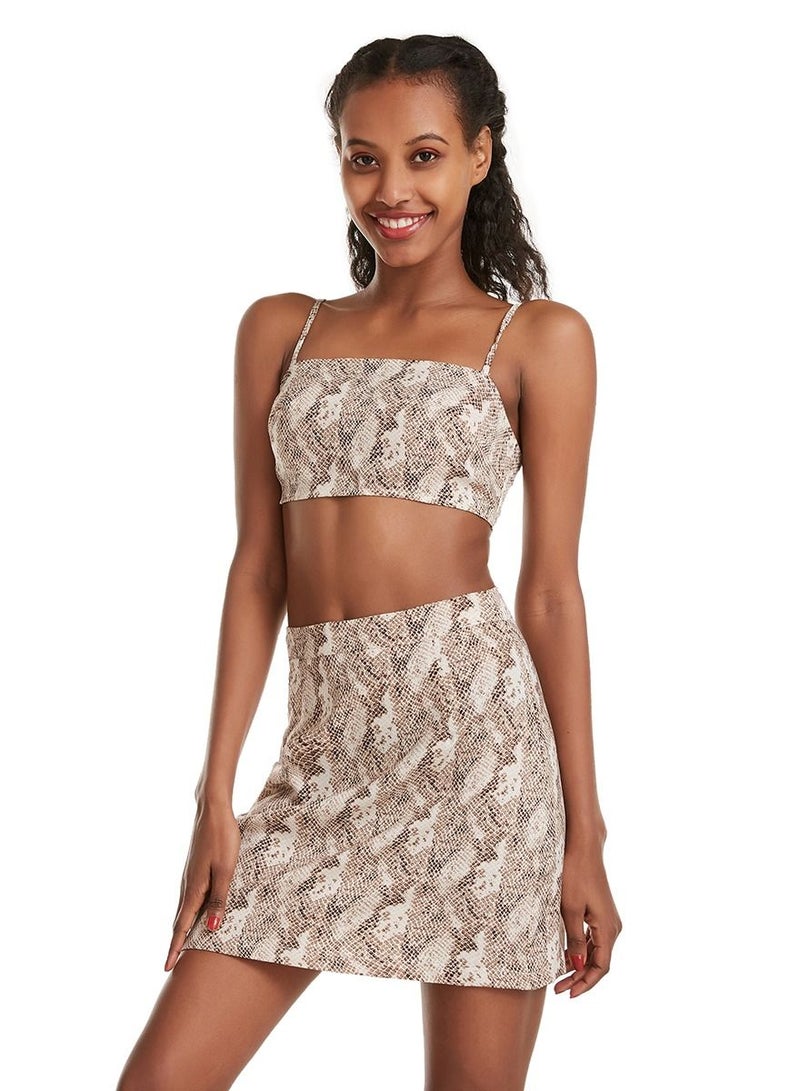 Loquat Woman's  2-Piece Printed Set Halter Crop Top And Suspender Skirt Set Brown/White  - Image 1