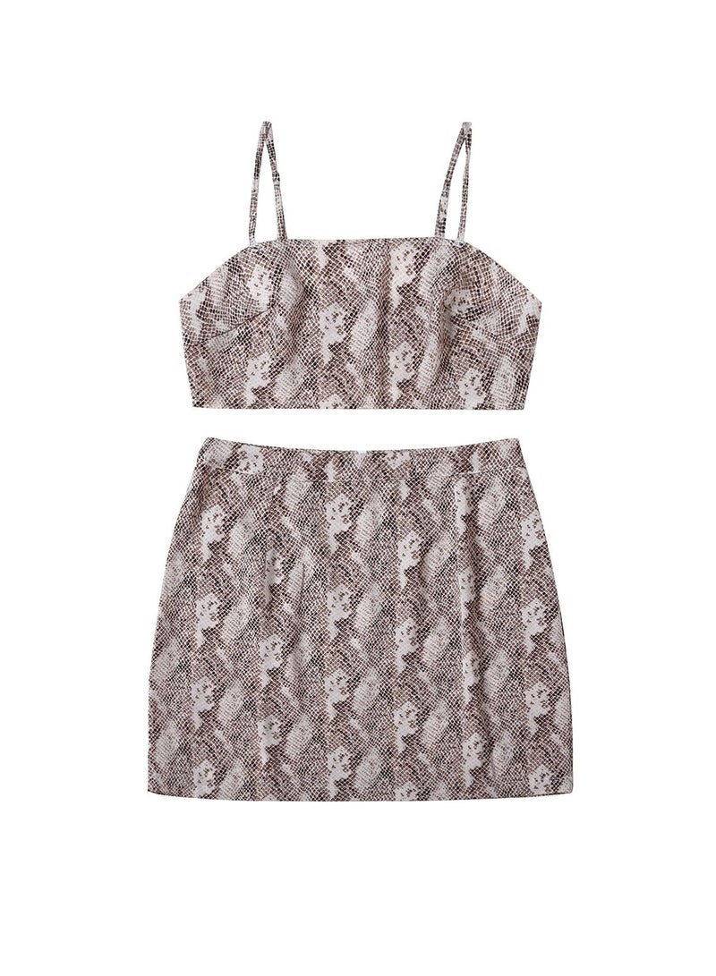 Loquat Woman's  2-Piece Printed Set Halter Crop Top And Suspender Skirt Set Brown/White  - Image 3