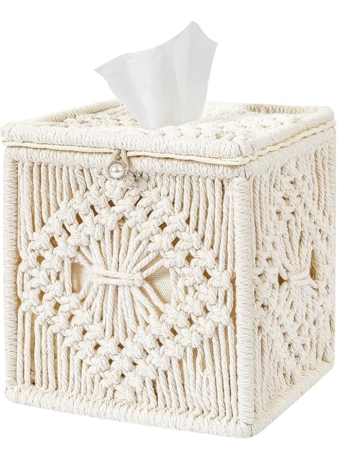 Antikiano Tissue Box Cover Macrame - Organizer Bohemian Handmade Woven Tissue Cube Box - 5.5 X 5.5 X5.9 - Image 1
