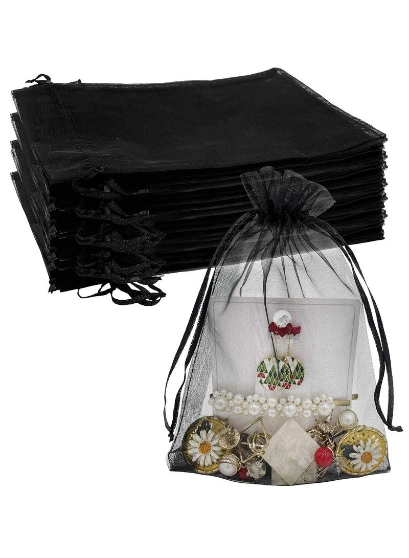 50 قطعة 13x18 سم أكياس أورجانزا سوداء شفافة لهدايا الأعراس مع رباط، أكياس مجوهرات فاخرة لحفلات وأعياد، لحماية الحلوى والفواكه - Image 1